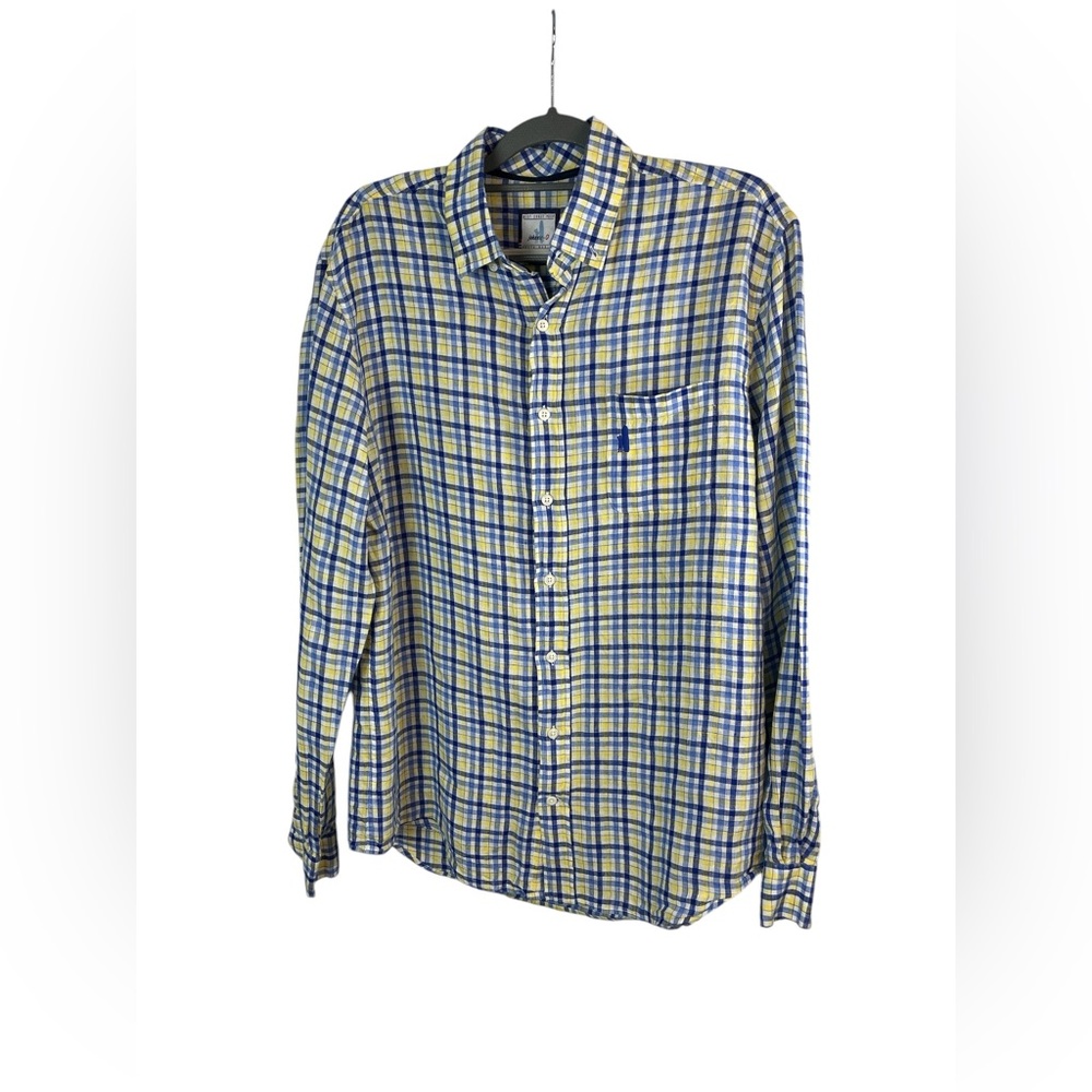 Johnnie-O men’s linen blue and‎ yellow plaid long sleeve button up size large